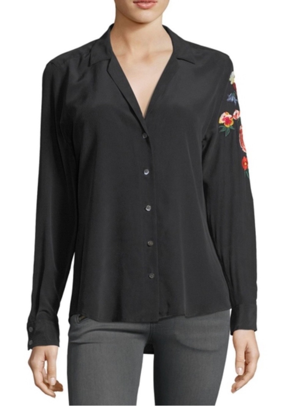 NWT Equipment Adalyn Floral Embroidered-Sleeve Button-Down Blouse
